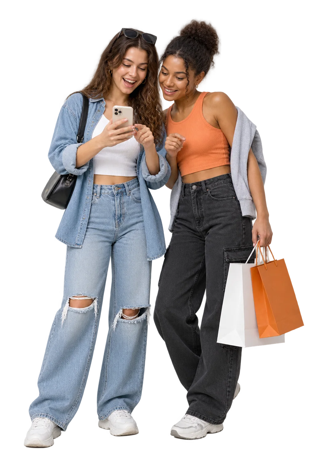Two young shoppers checking an online deal on a phone